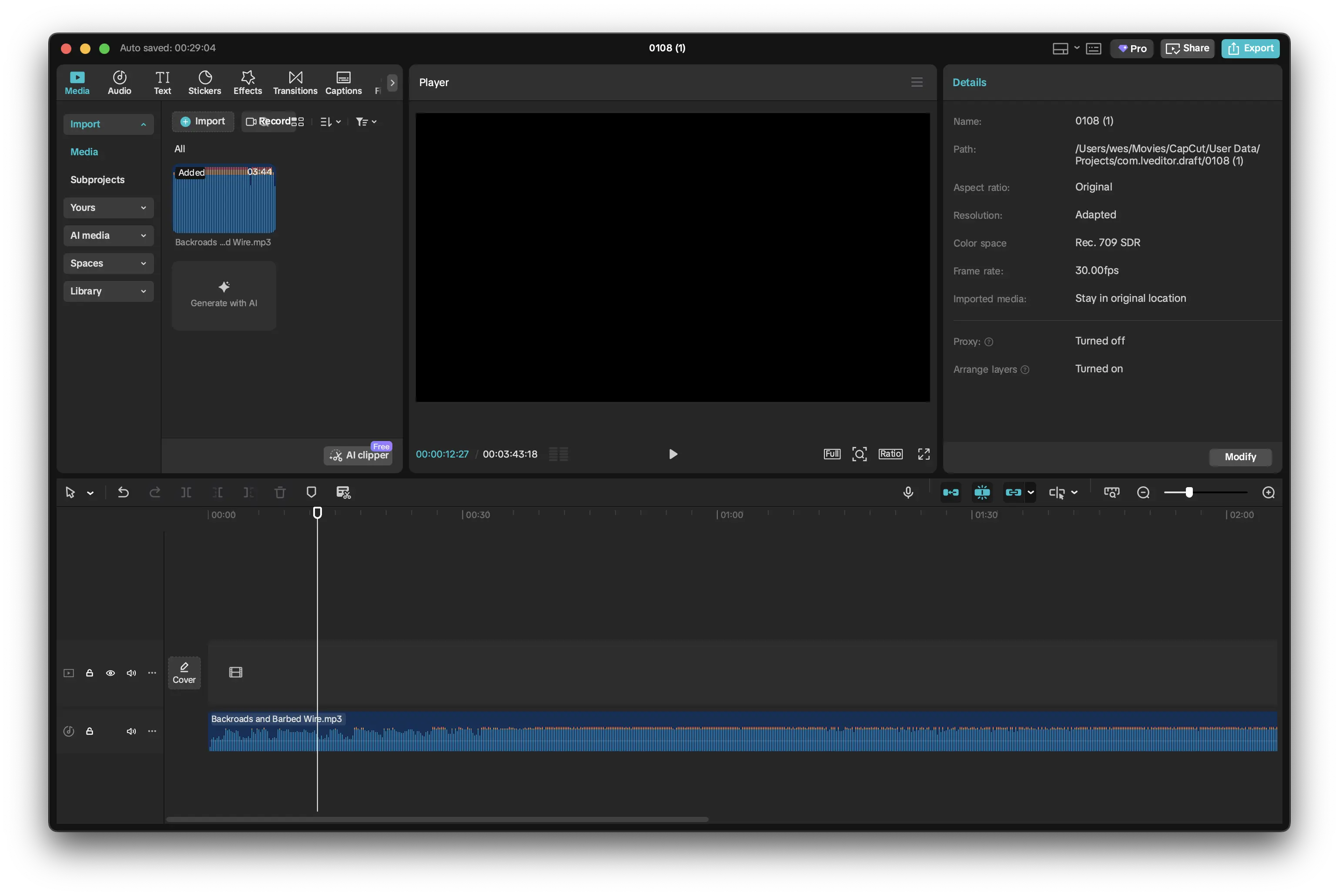Dragging audio and LRC files into CapCut media panel