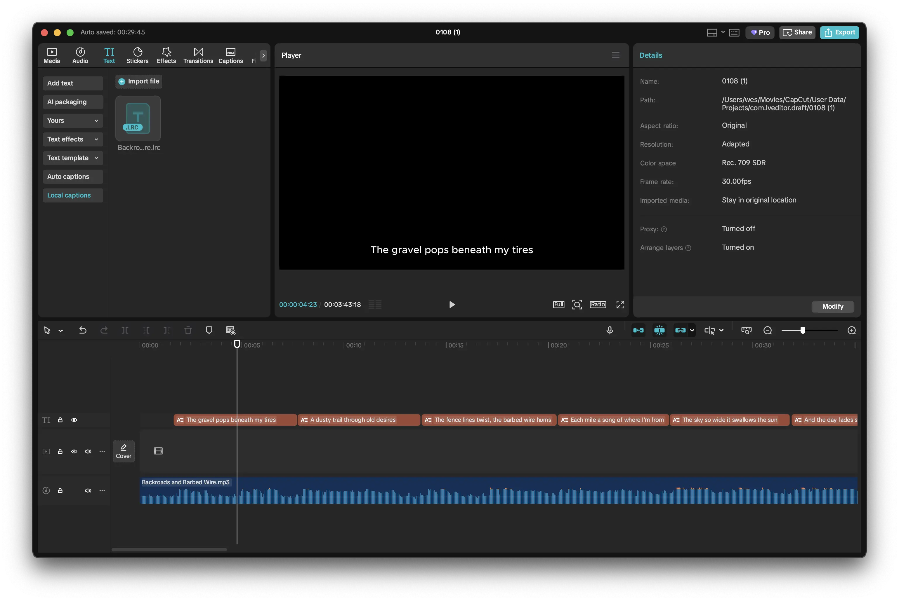 CapCut timeline showing LRC captions aligned at 0:00 with audio track