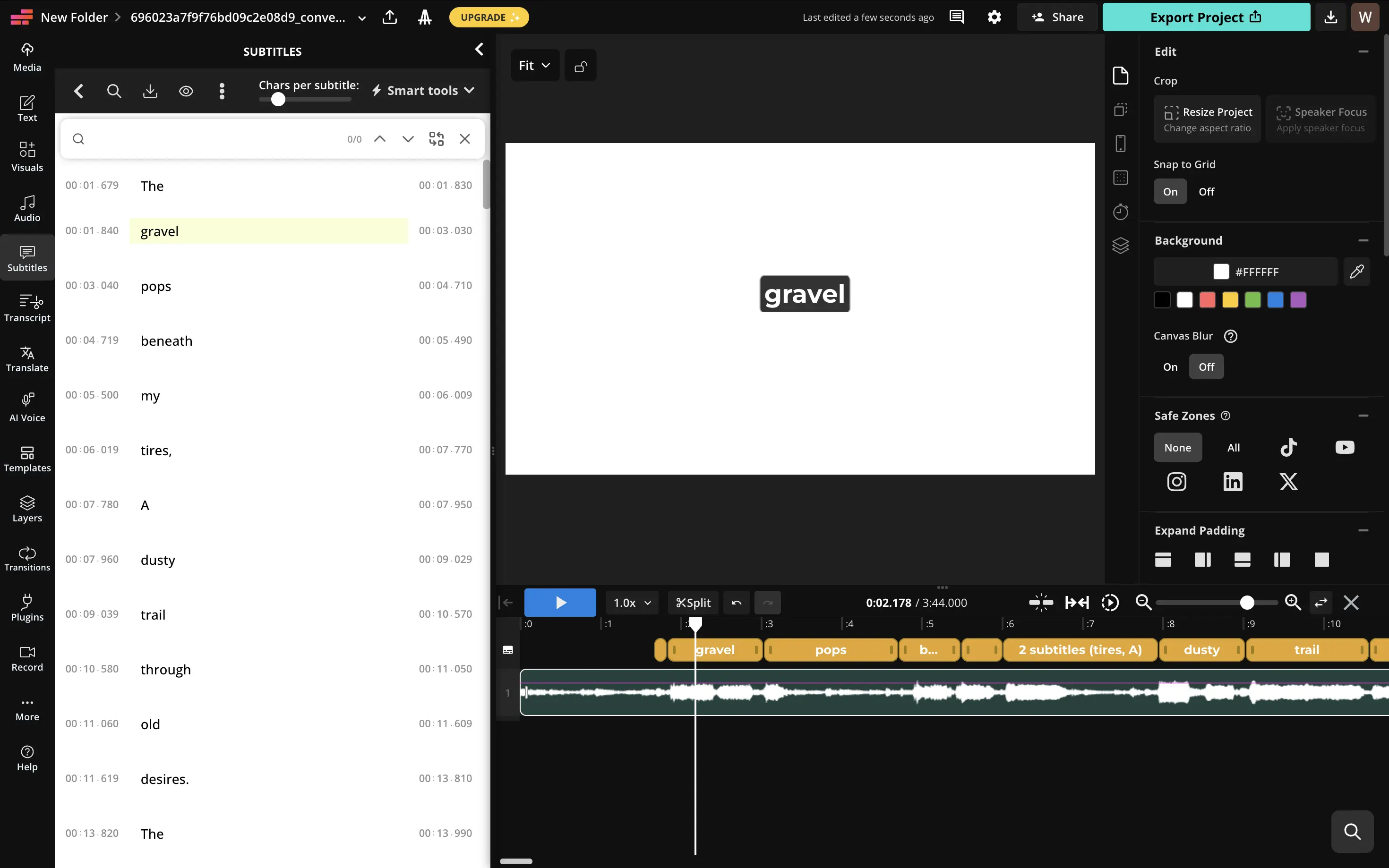 Word-by-word karaoke display in Kapwing using SRT format