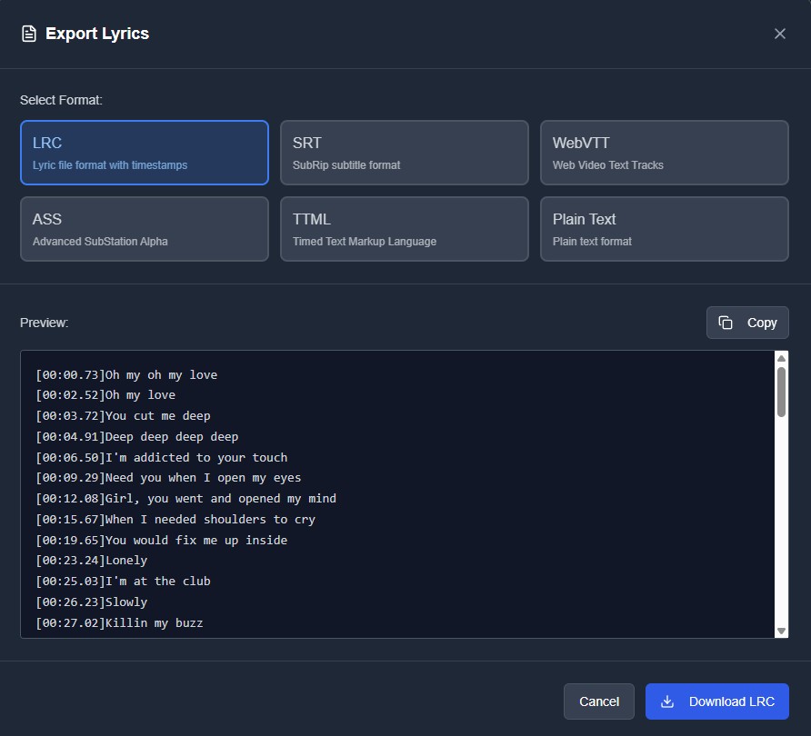 AI LRC Generator Auto Alignment Preview Interface