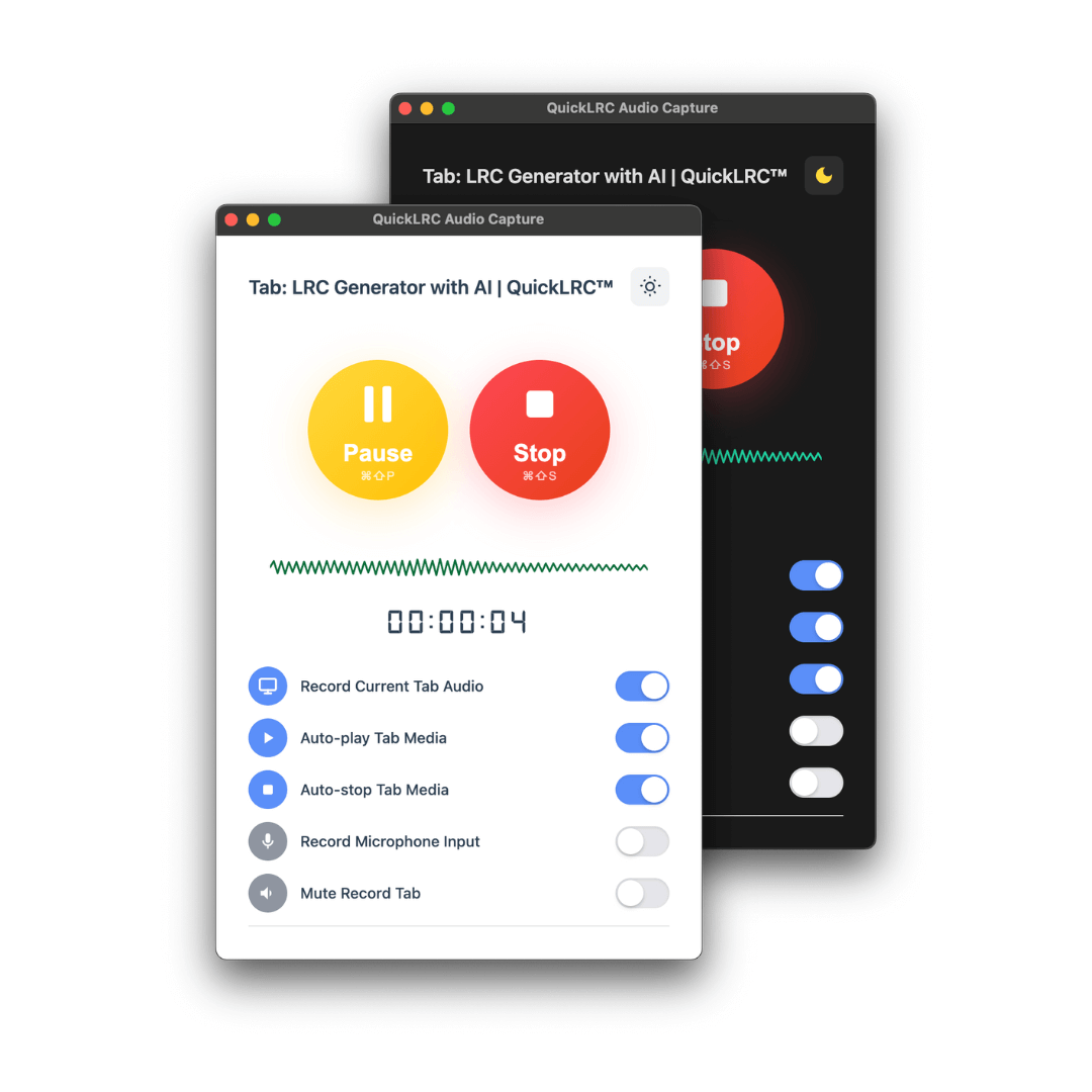 Song Recorder Interface showing audio capture controls with pause/stop buttons and recording options