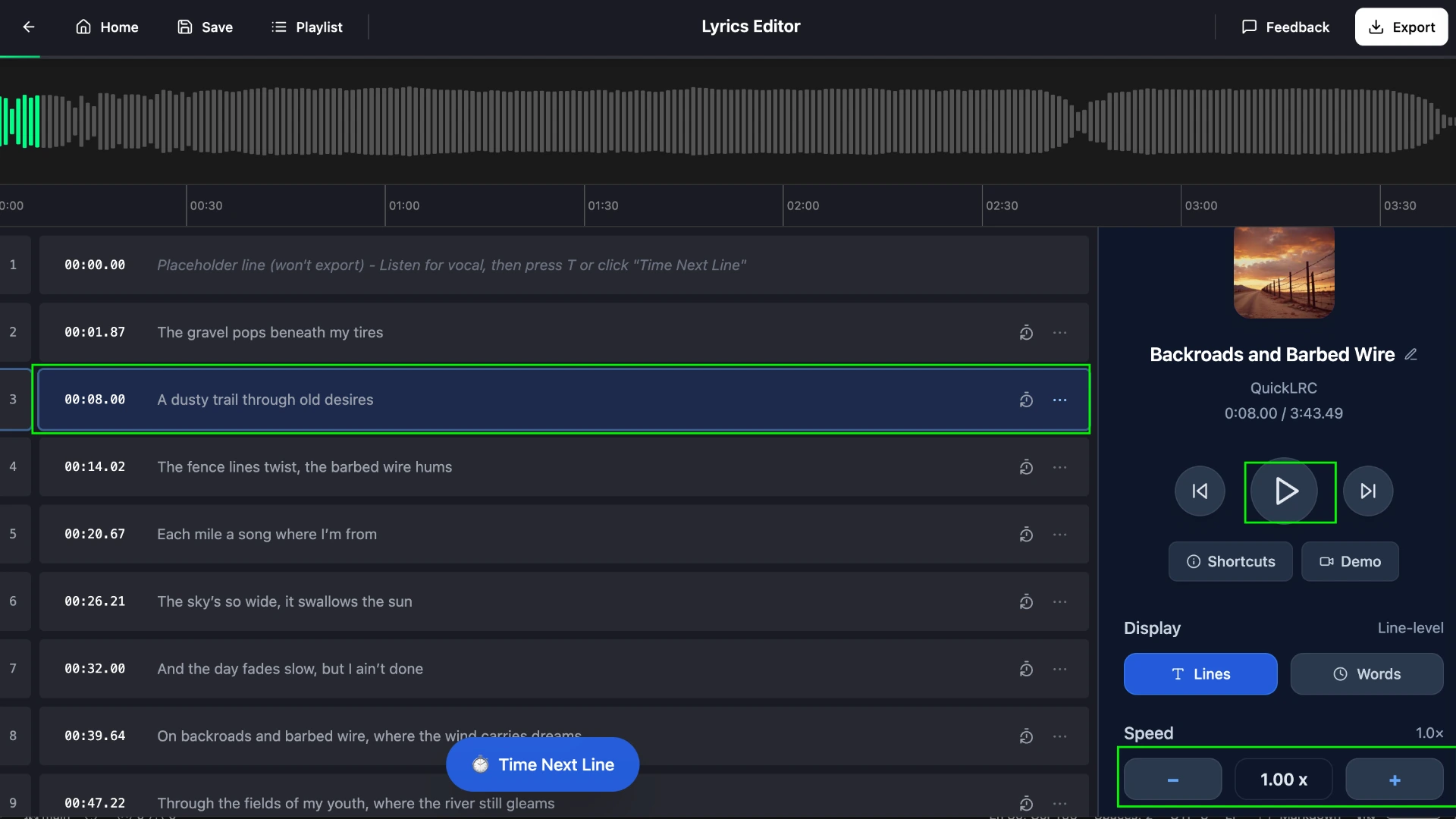 Playing audio and identifying timing issues in QuickLRC