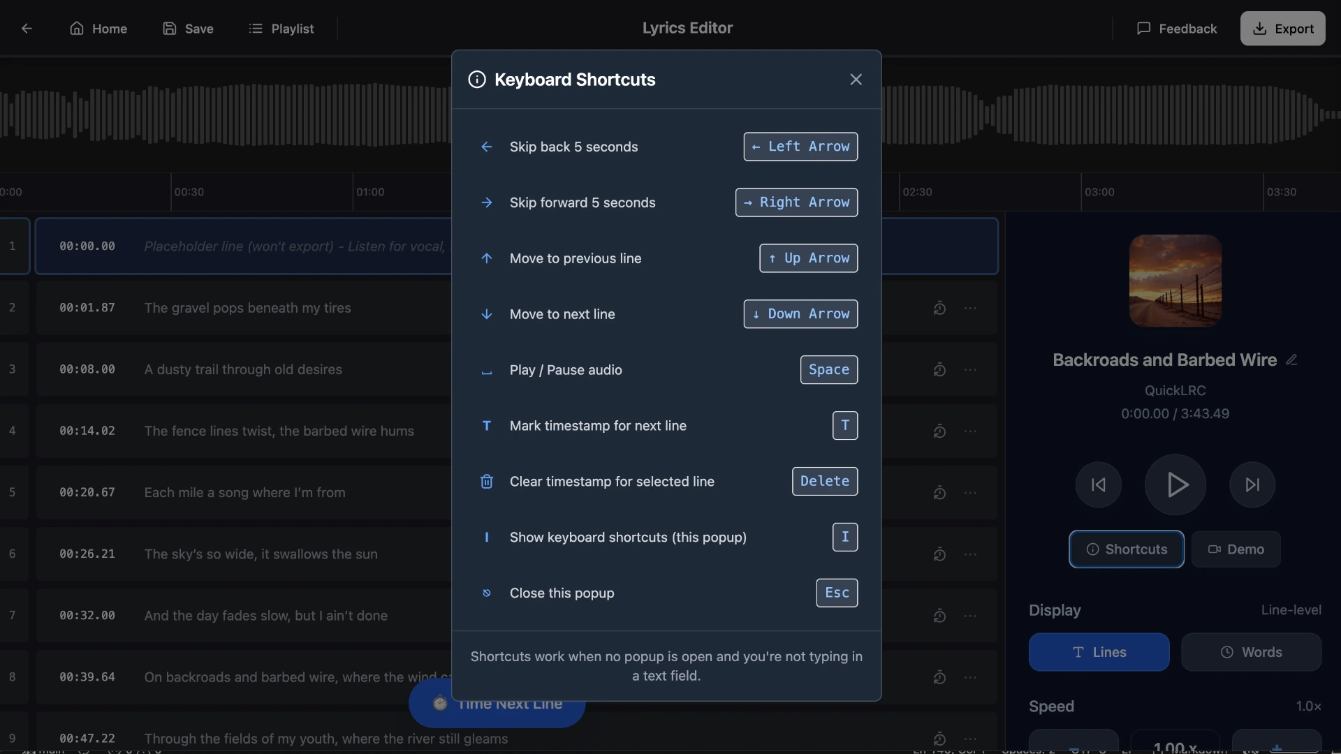Keyboard shortcuts popup in QuickLRC LRC Maker