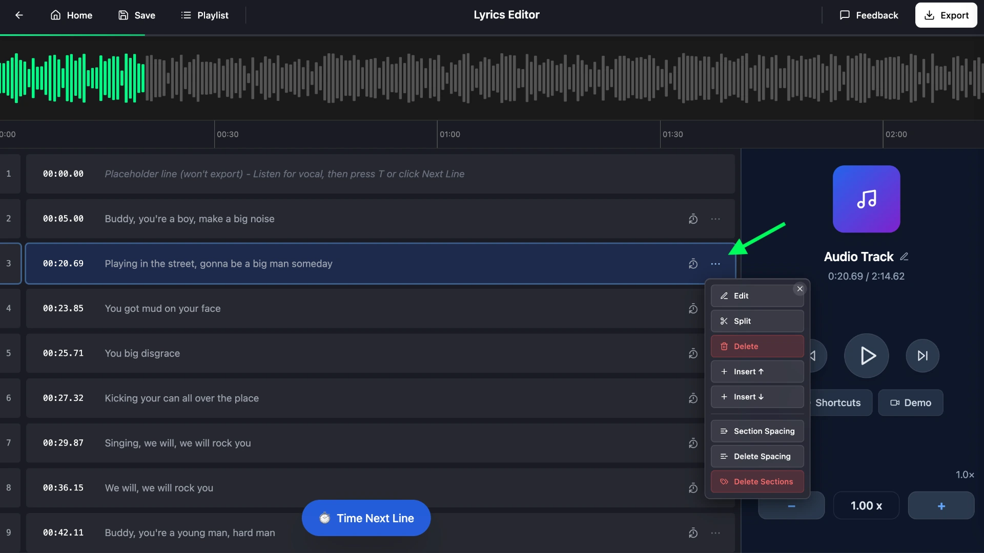 QuickLRC lyrics editor with live preview, timestamps, and floating toolbar for editing