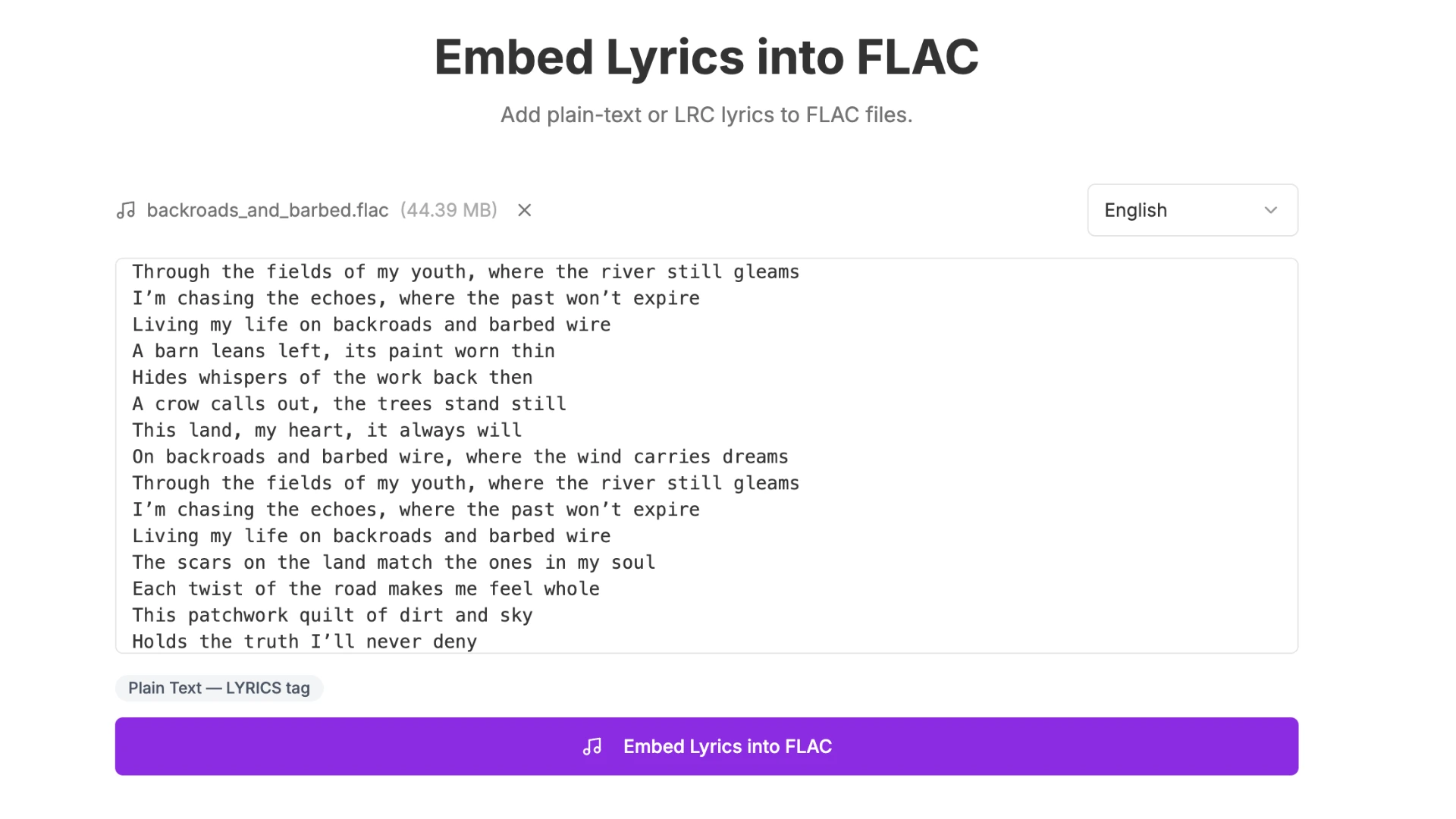 Embedding plain text lyrics into FLAC with QuickLRC