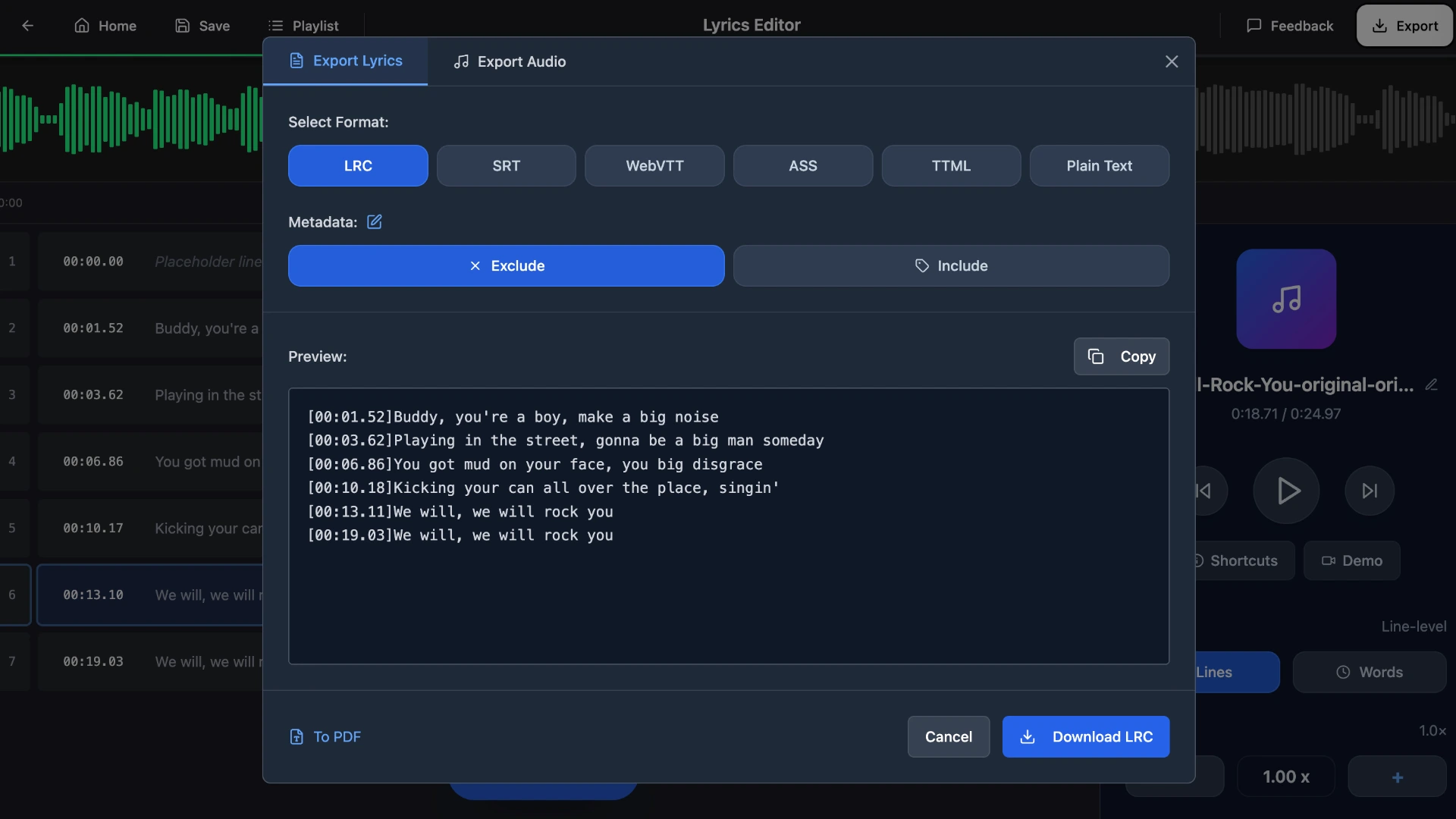 QuickLRC Editor export menu showing download options for saving the completed LRC file