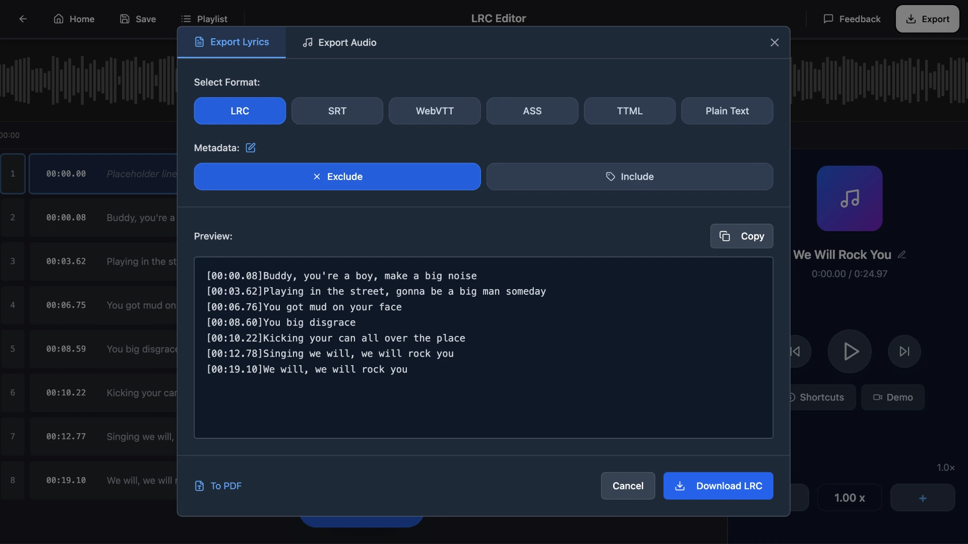 QuickLRC export menu showing plain text, LRC, SRT and other format download options