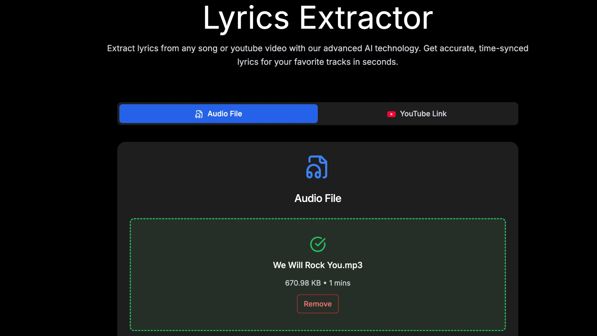 QuickLRC Lyrics Extractor interface showing MP3 file upload and Extract vocals option