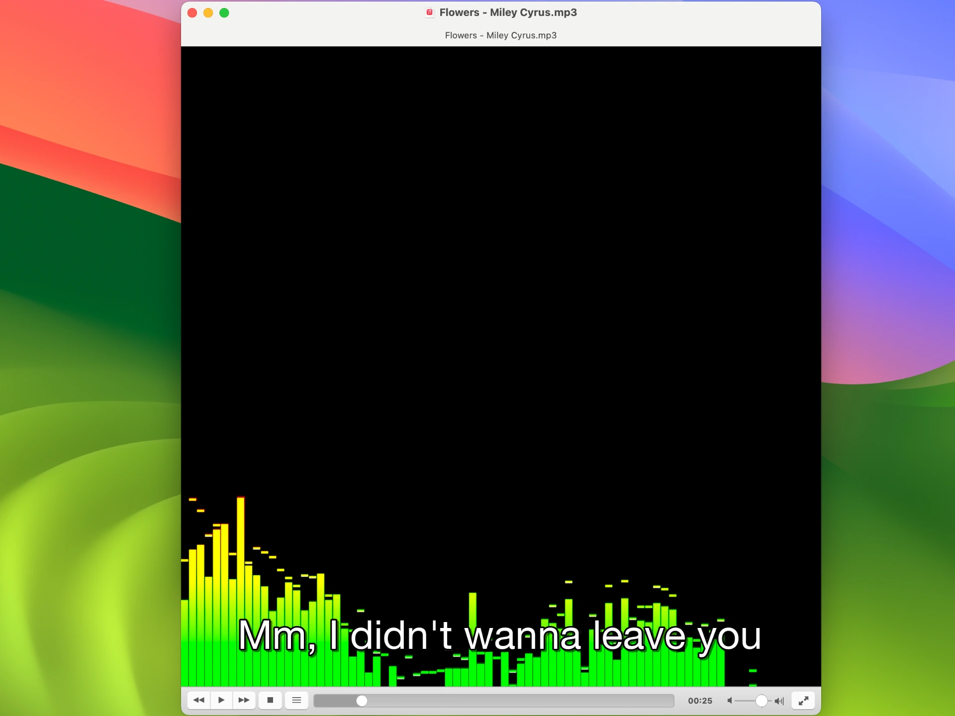 VLC audio visualization with synced lyrics displayed as subtitle track overlay