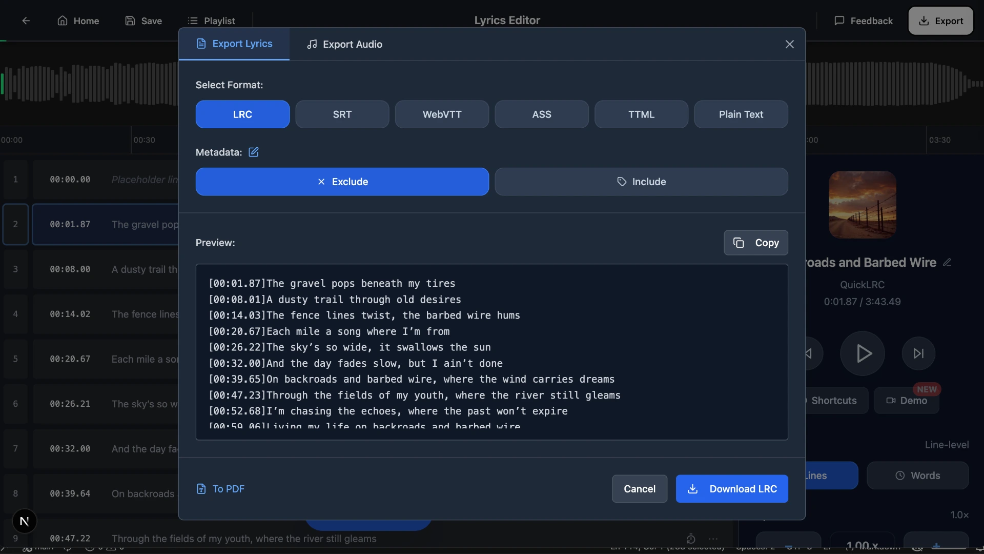 Export and download LRC file in QuickLRC
