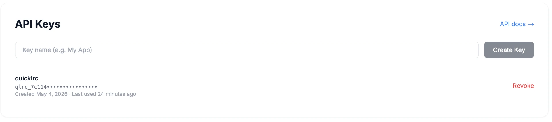 Creating an API key in the QuickLRC dashboard