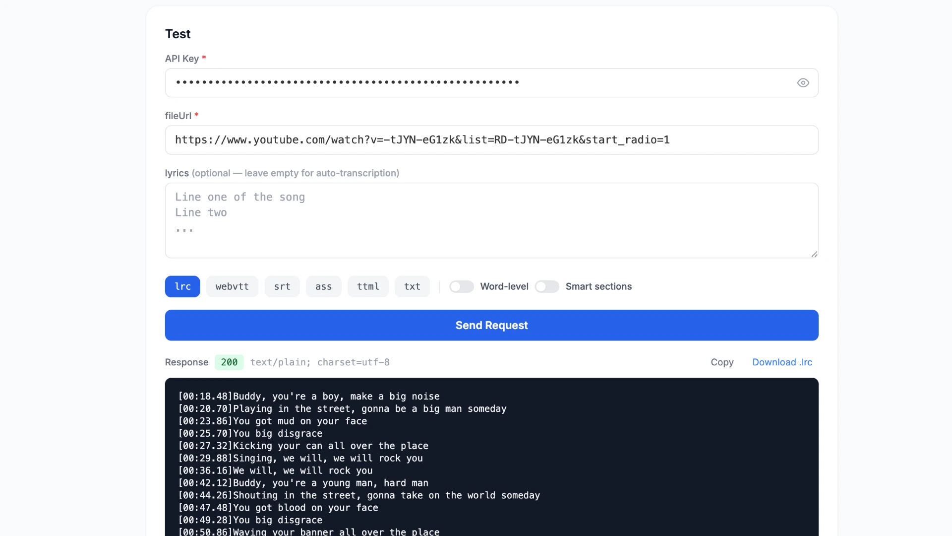 Testing the QuickLRC API on the docs page