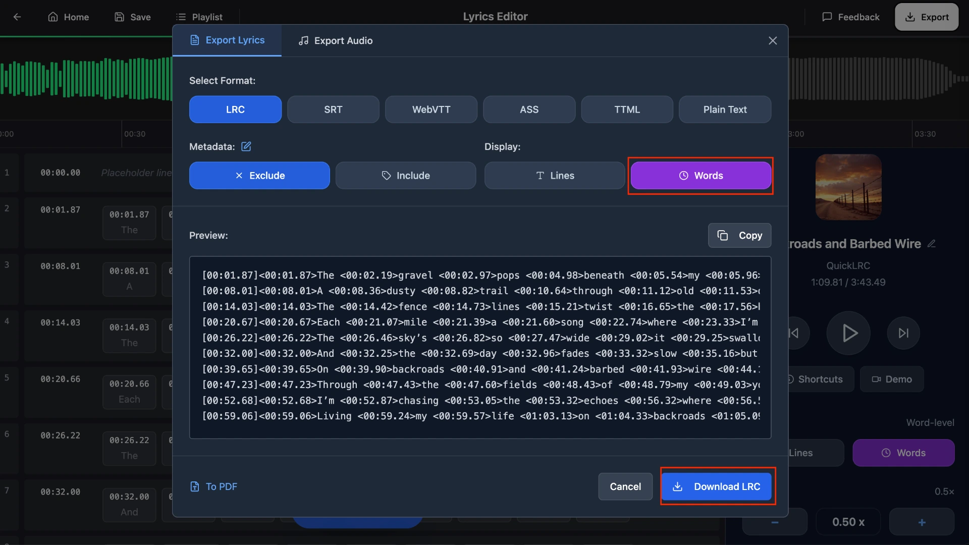 QuickLRC LRC Editor export menu showing download options for Enhanced LRC file