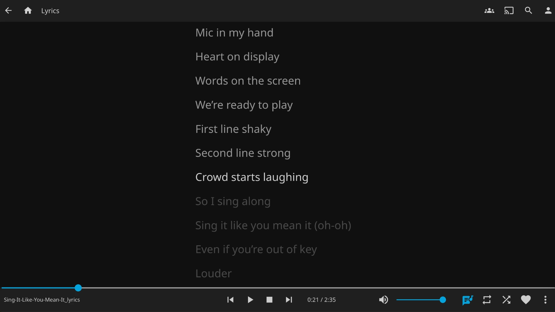 Jellyfin music player with lyrics panel open showing synced lyrics scrolling in time with the song