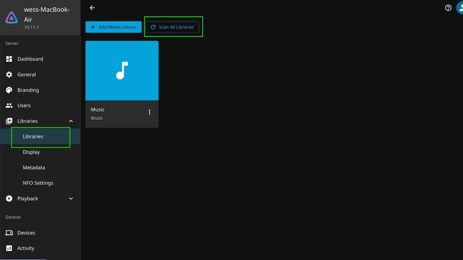 Jellyfin dashboard showing the Scan All Libraries option in the Libraries settings