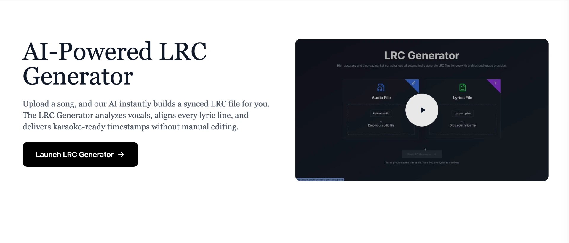 QuickLRC AI LRC Generator landing page