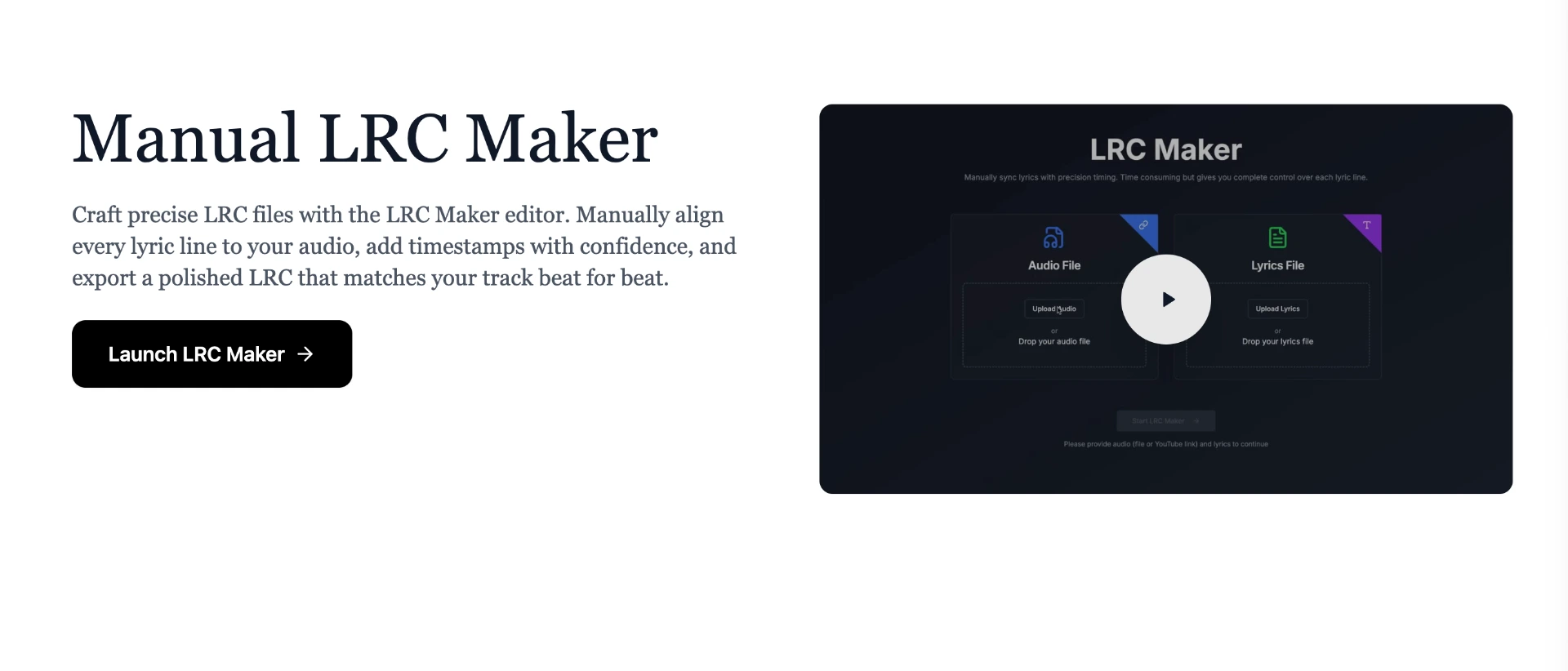 QuickLRC Manual LRC Maker landing page
