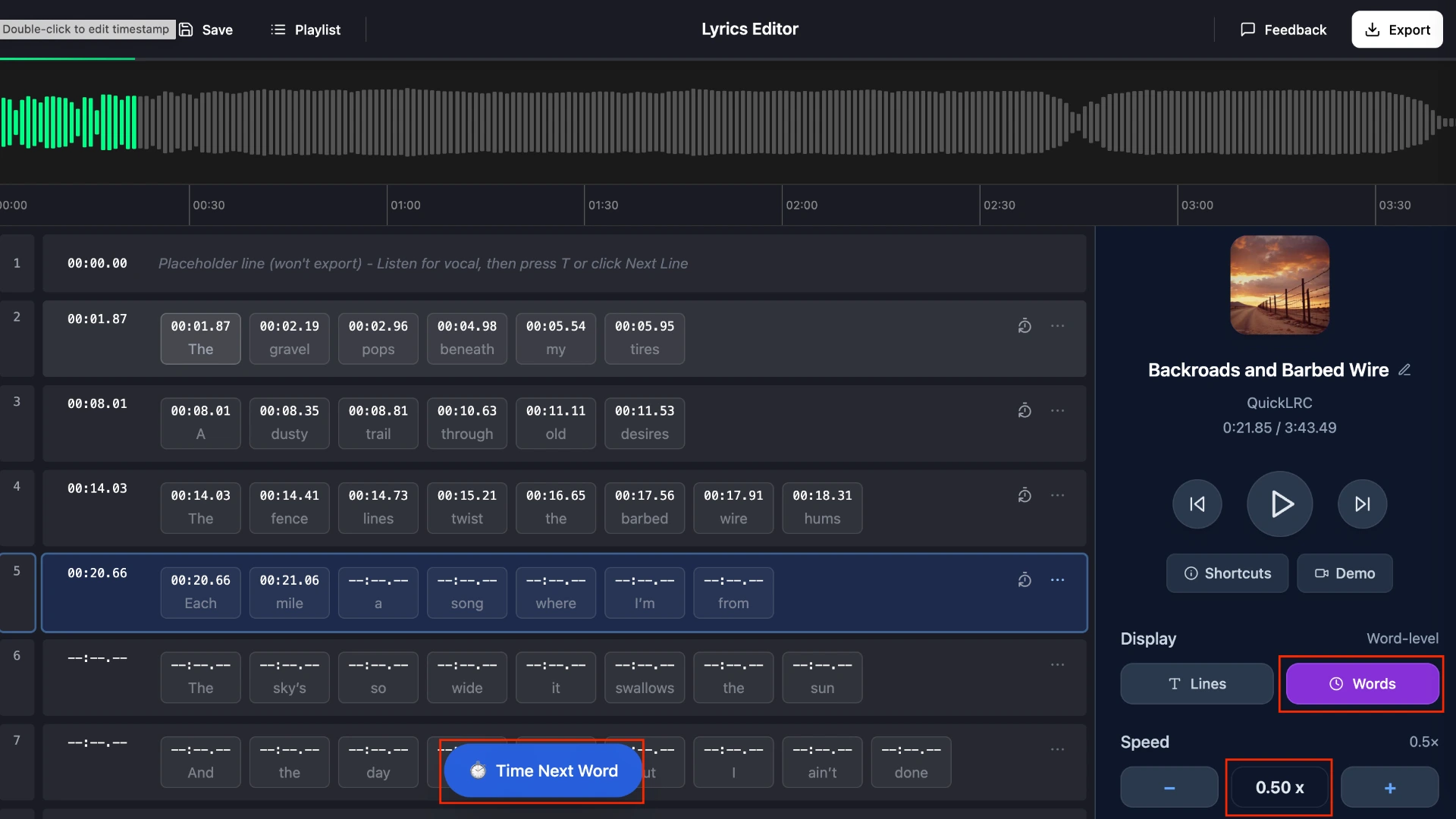 QuickLRC Manual LRC Maker with word-level timing mode enabled