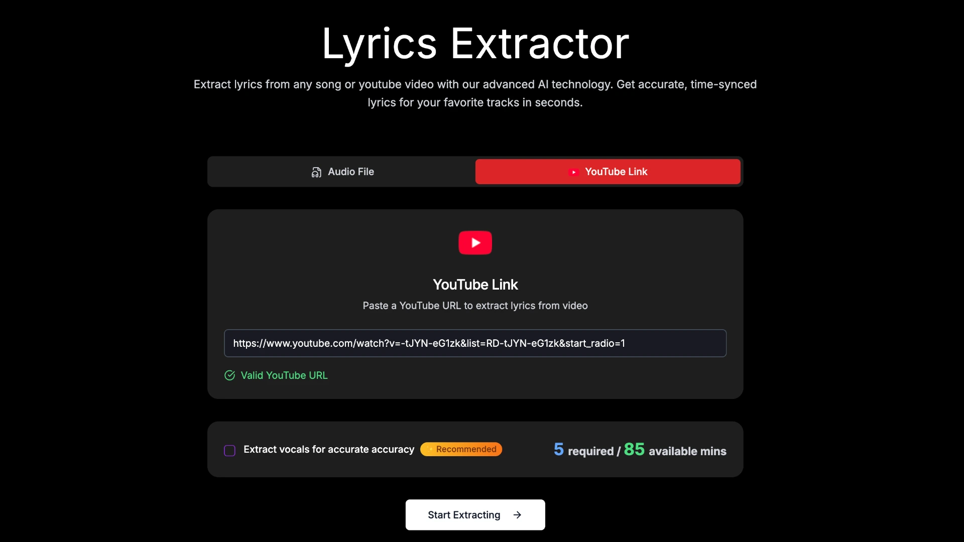 QuickLRC Lyrics Extractor interface with YouTube URL input field and Extract vocals option