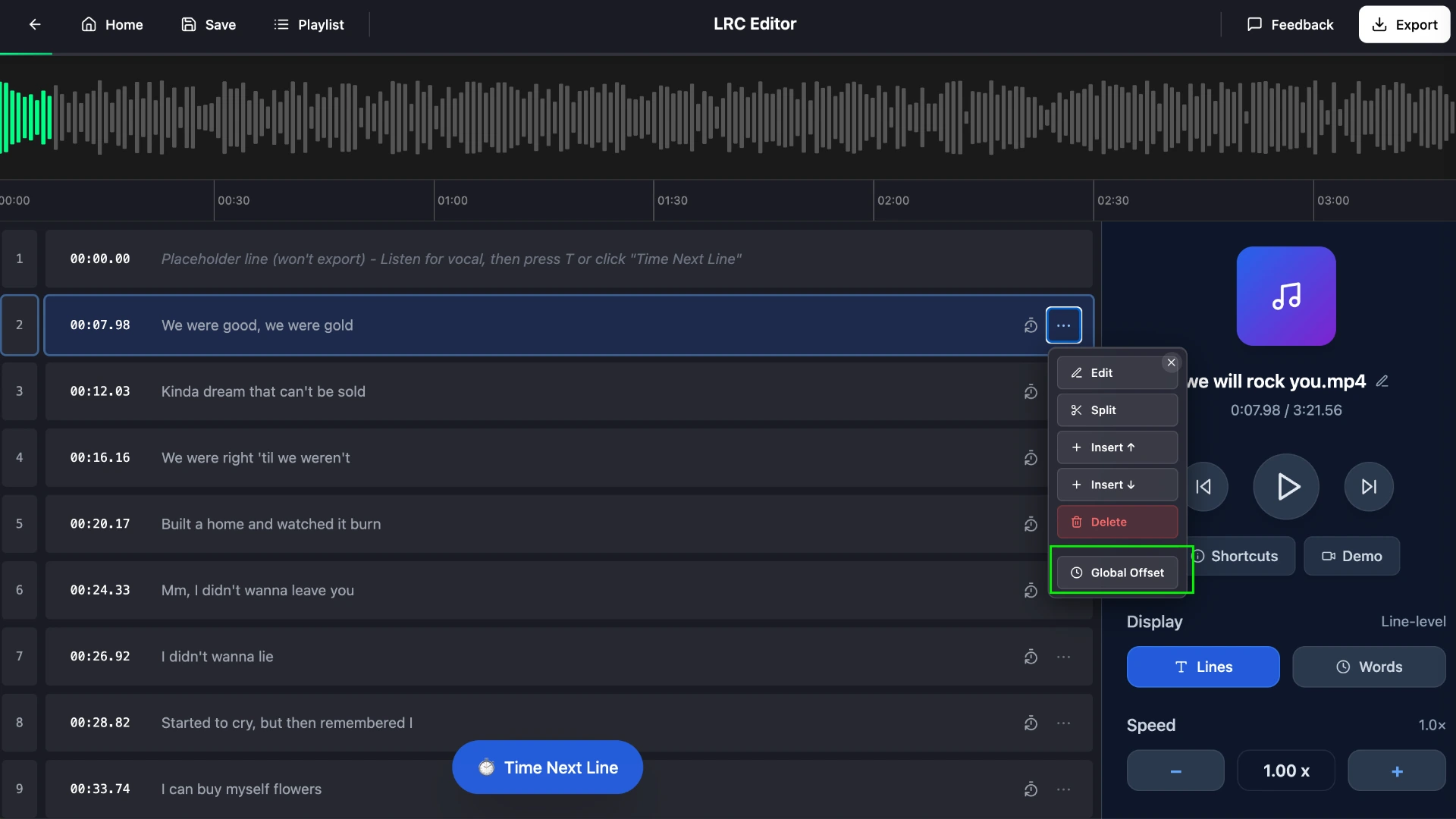 Global Offset in QuickLRC LRC Maker