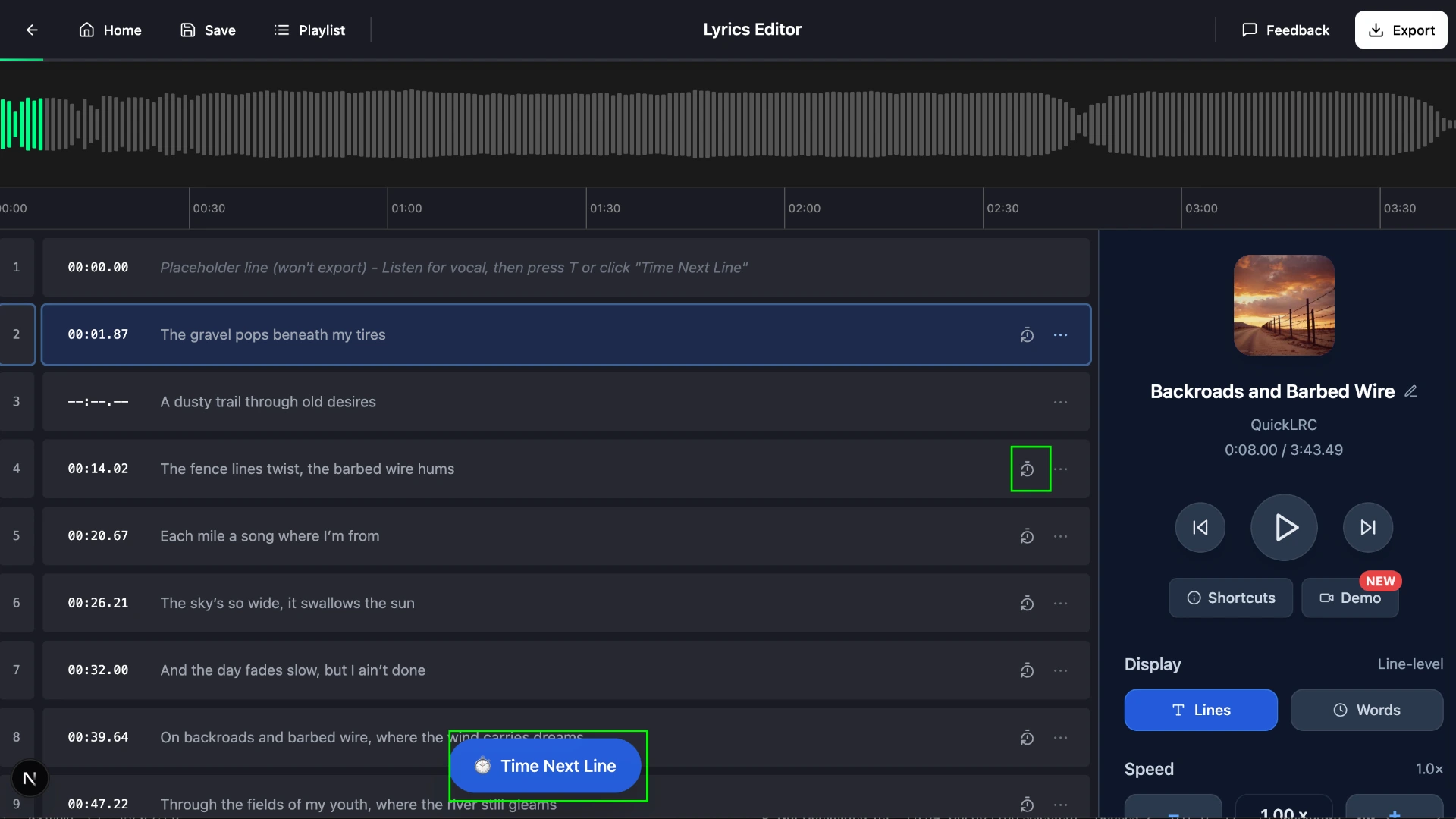 Clearing a timestamp and using tap-to-sync in QuickLRC