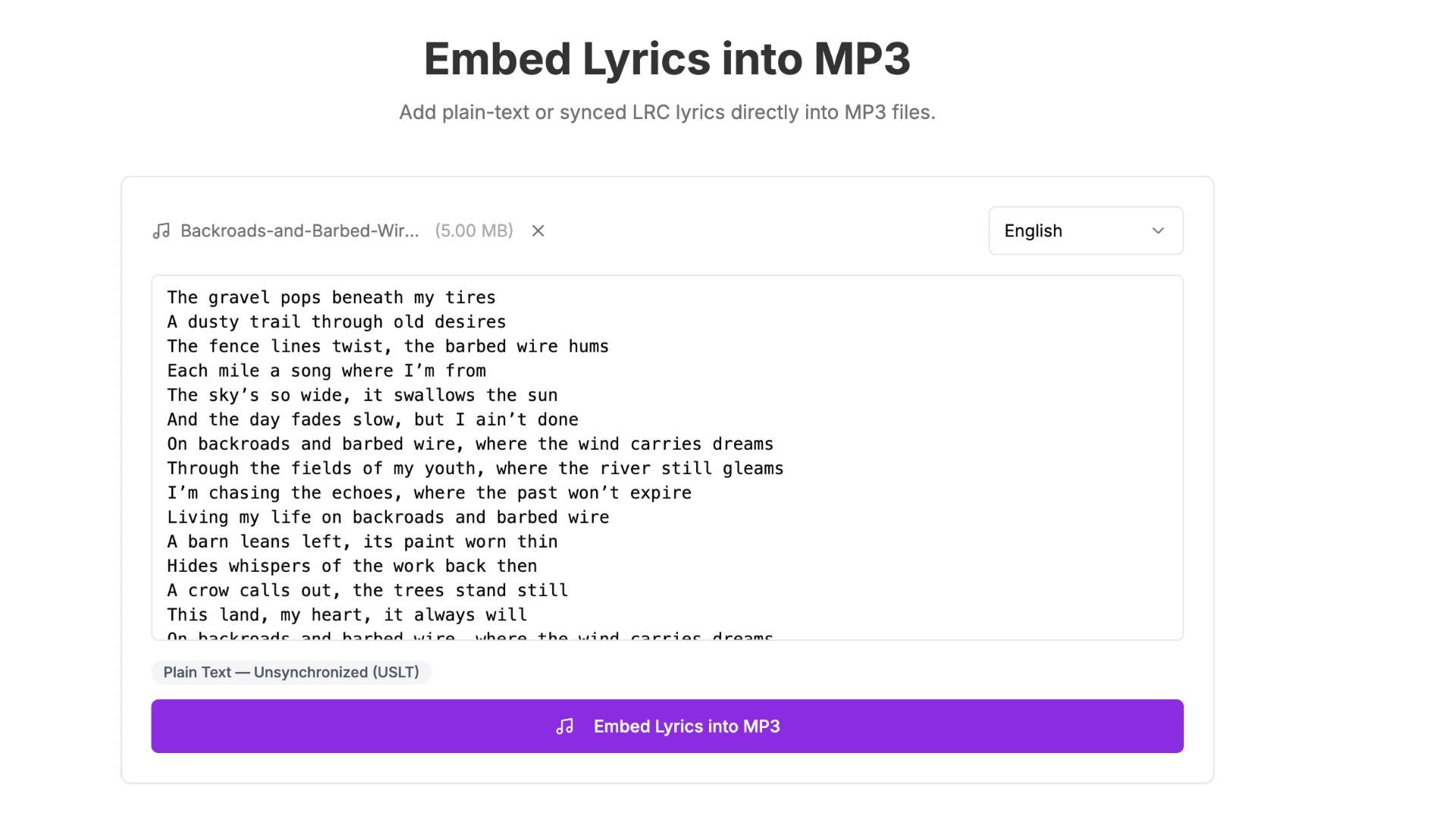 Embedding plain text lyrics into MP3 with QuickLRC