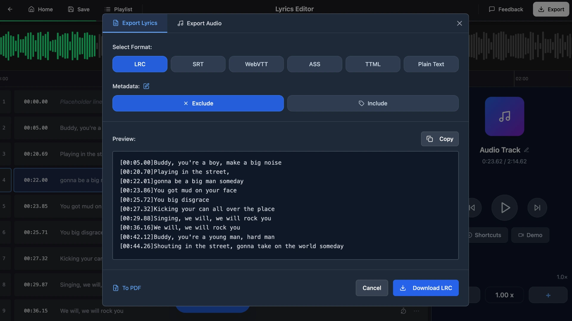 QuickLRC export menu showing LRC, SRT, plain text and other format options