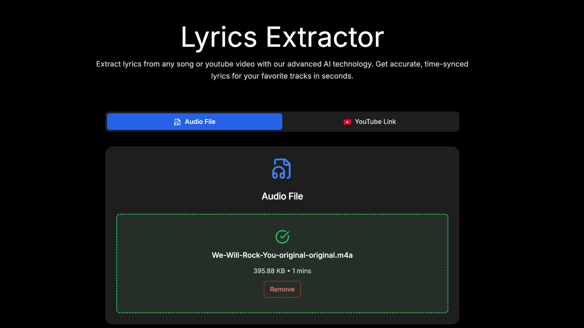 QuickLRC Lyrics Extractor interface with audio file upload and Extract vocals option