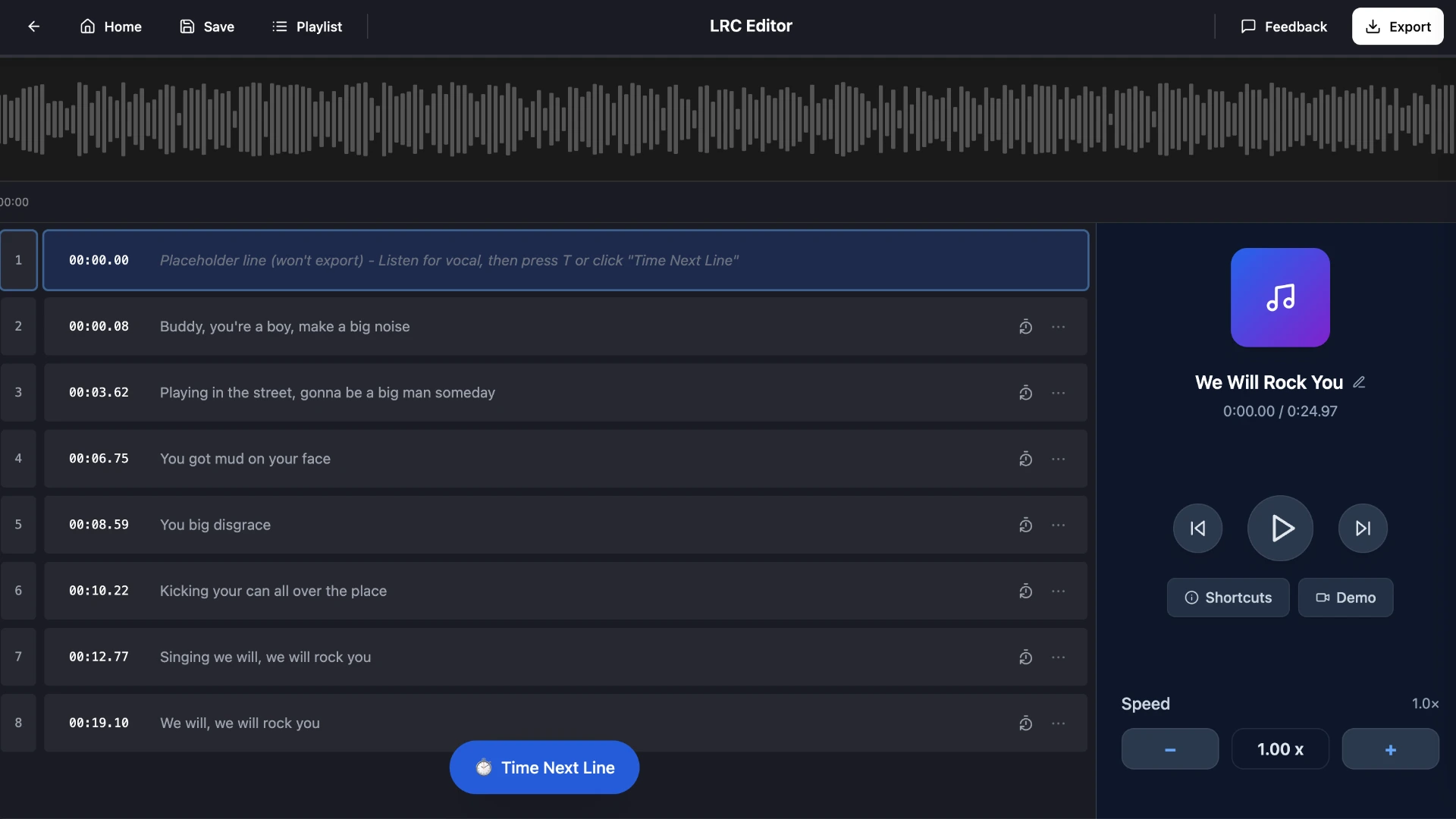 QuickLRC lyrics editor showing extracted lyrics with timestamps and editing toolbar