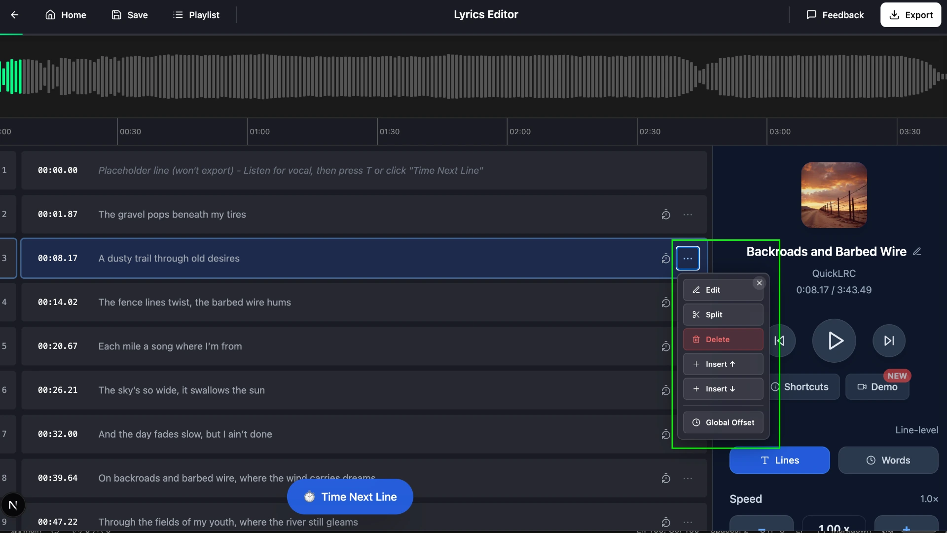 Float toolbar with Global Offset button in QuickLRC