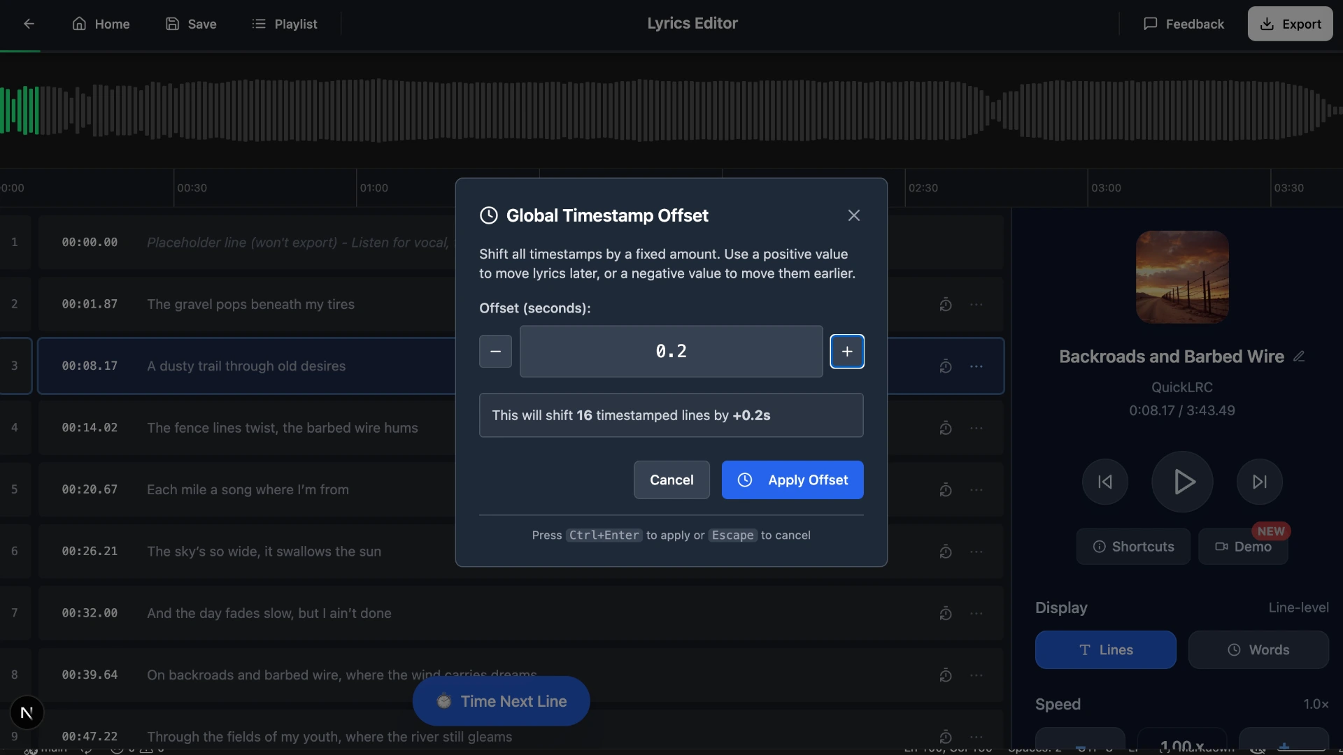 Global Offset popup in QuickLRC