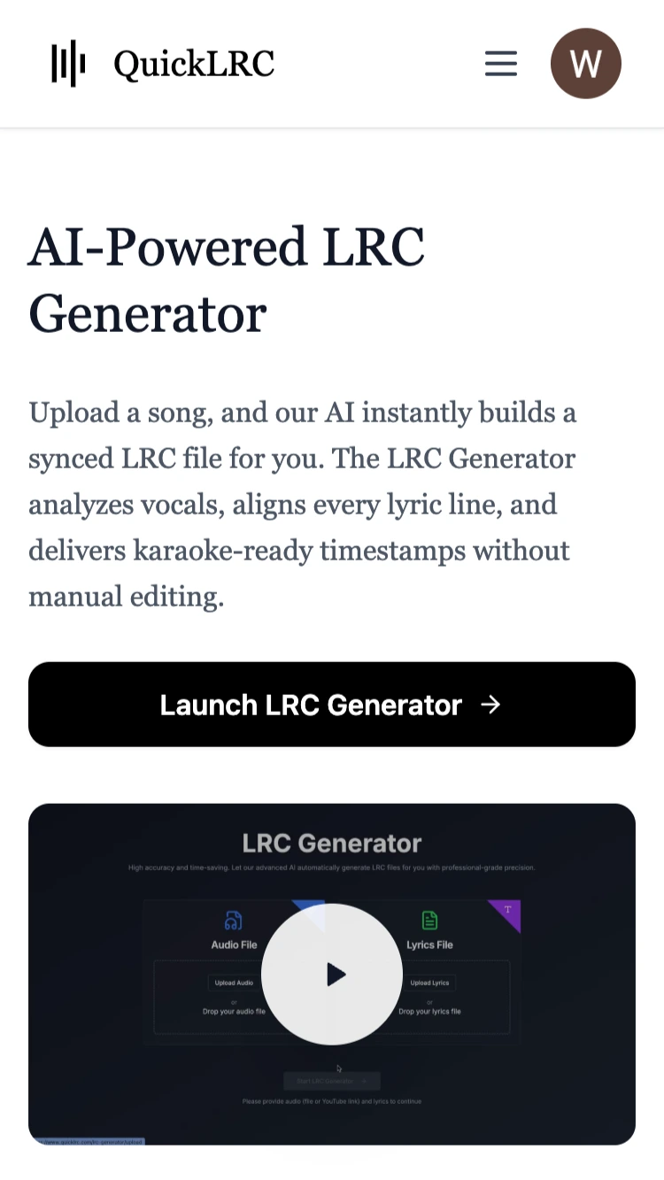 QuickLRC AI LRC Generator opened on Android browser