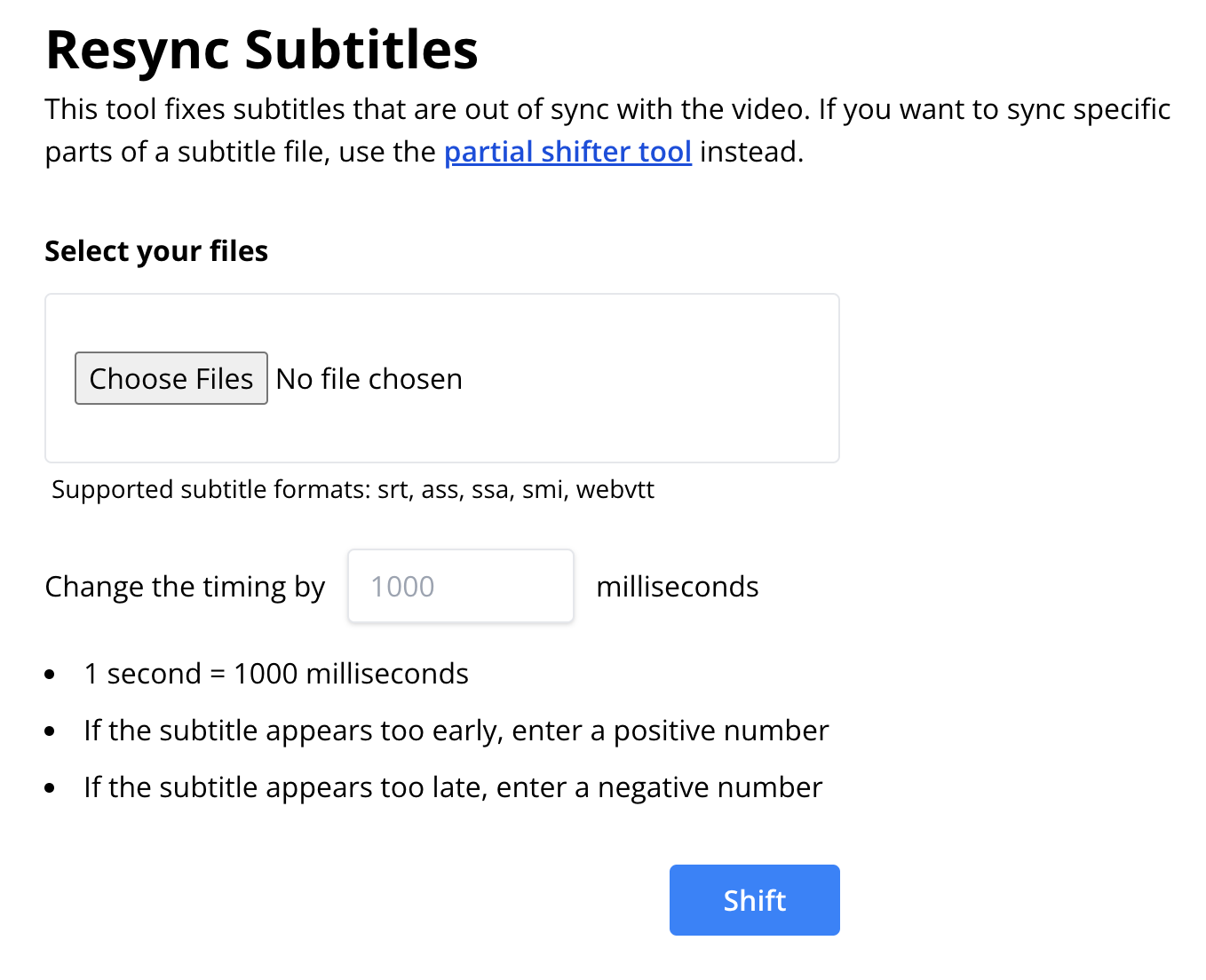 Subtitle shift tool interface