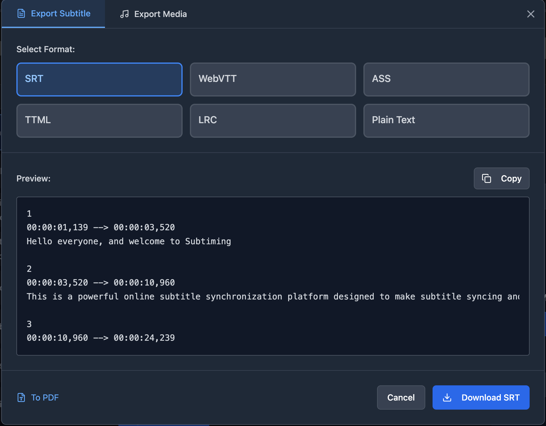 Subtitle Export Interface - Download subtitles in multiple formats